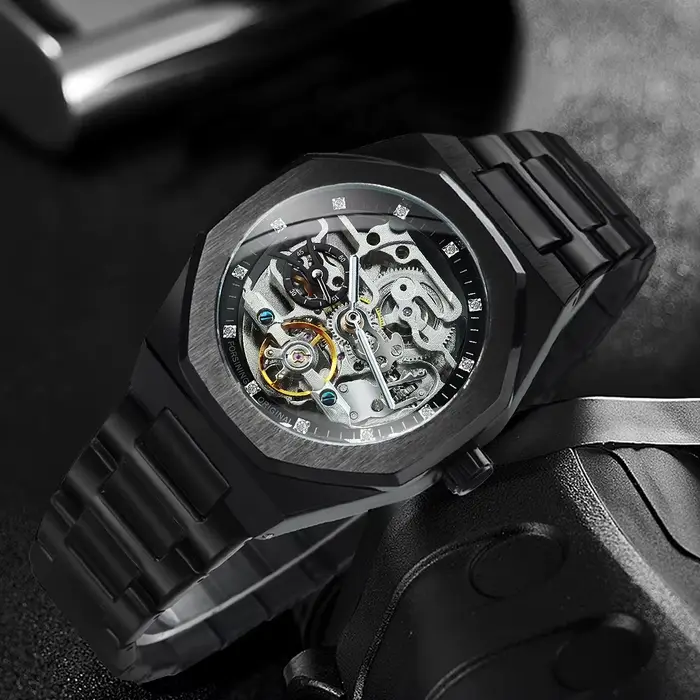 Forsining Tourbillon squelette montre mécanique pour hommes aiguilles lumineuses bracelet en acier inoxydable mode affaires montres automatiques