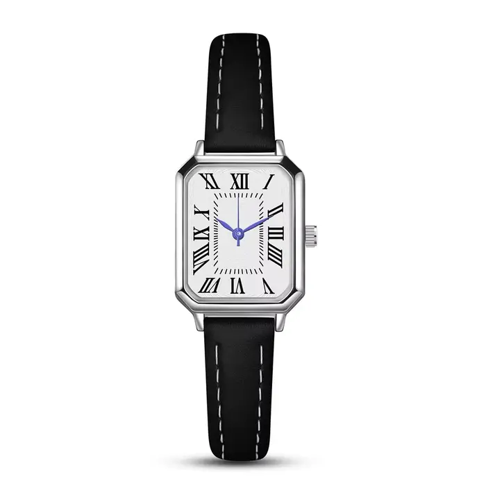 Montre femme carrée, bracelet cuir noir, chiffres romains, élégante pour bureau et quotidien