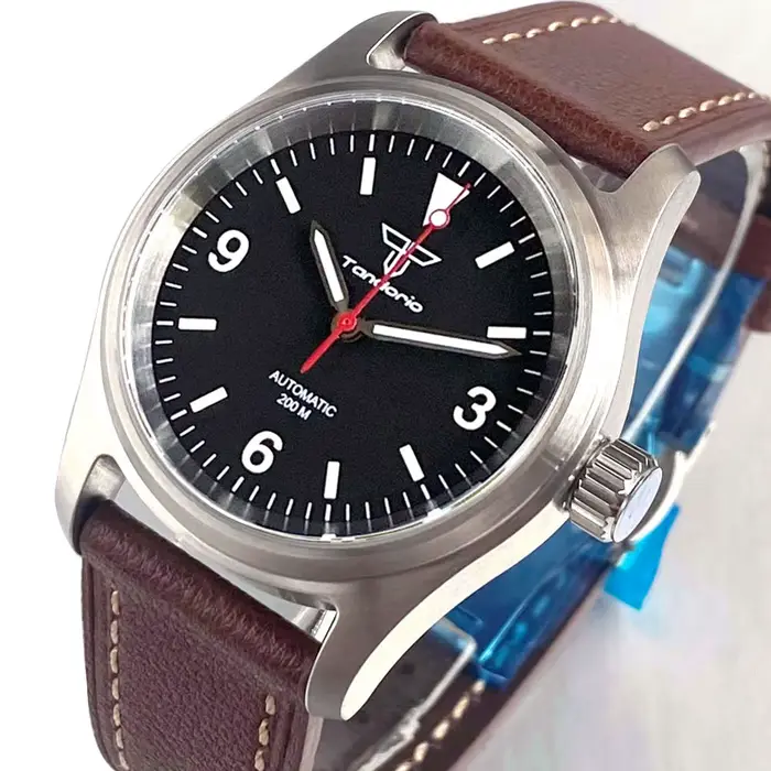 Miyota 8215 Movt 36mm montre automatique pilote classique pour homme cadran noir verre saphir montres mécaniques bracelet en cuir lumineux