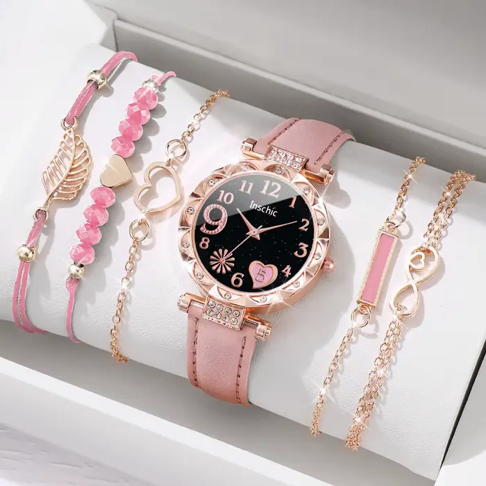 6 pièces/ensemble mode coeur cadran montre pour femme bracelet en cuir décontracté analogique Quartz