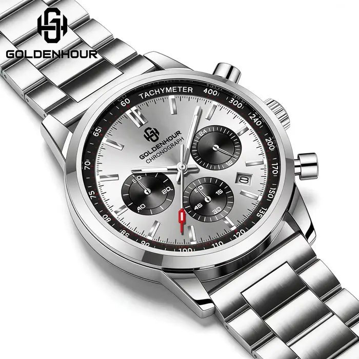 Montre GOLDEN HOUR en acier inoxydable avec fonction chronographe lumineuse et résistance à l'eau pour homme occasions spéciales et mode décontracté