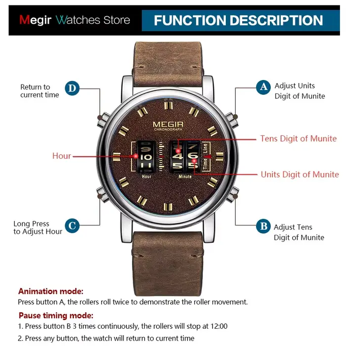 MEGIR – montre-bracelet en cuir bleu pour homme