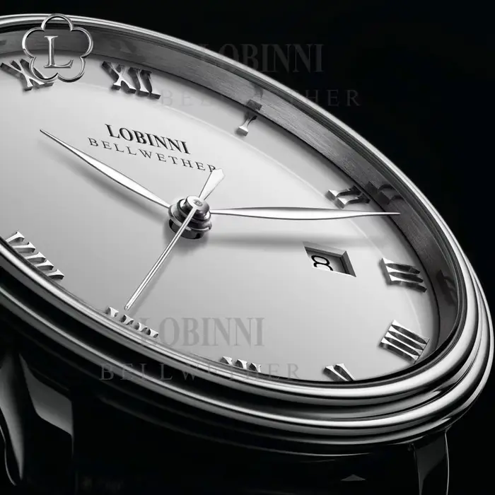Montre-bracelet LOBINNI12033 automatique en acier inoxydable avec bracelet en cuir pour homme résistante à l'eau et avec calendrier complet pour différentes occasions