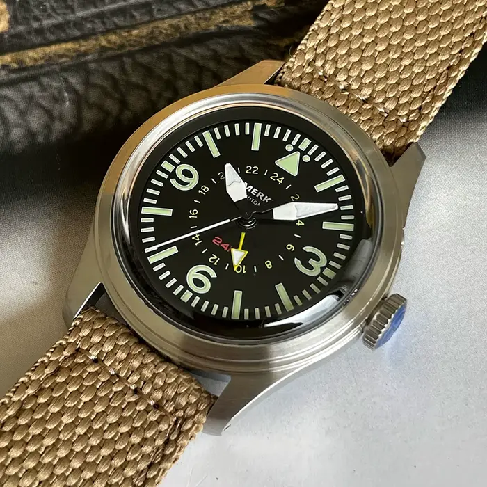 Montre Merkur rétro peau plongeur automatique 24h style militaire homme ocassions spéciales