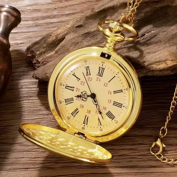 Montre de poche pour homme en or avec chaîne vintage - Mouvement à quartz rond
