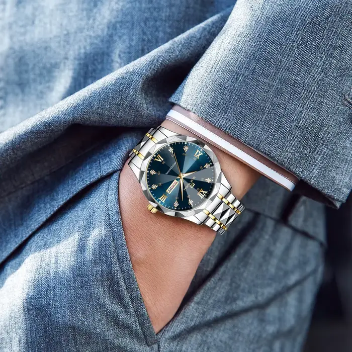 Montre de luxe en acier inoxydable avec diamants pour homme style affaires résistante à l'eau et lumières nocturnes multifonctionnelle quartz or bronze café multicolore rose
