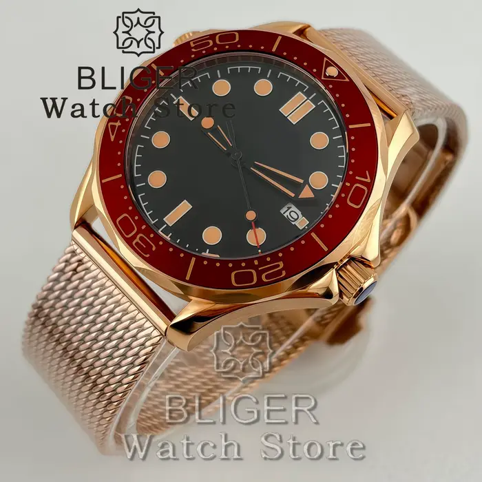 Montre de plongée mécanique BLIGER Vintage Bronze Or Rose 41mm pour homme NH35 PT5000 007 NTTD 100m avec lunette rouge bordeaux et bracelet en maille