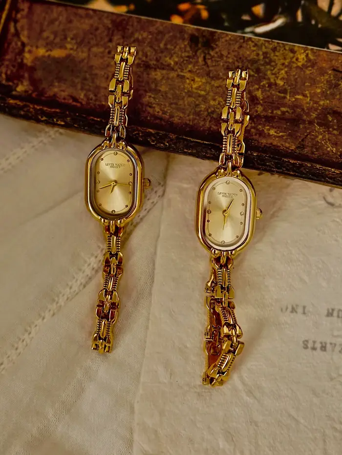 1 PC Élégance vintage française : Petite montre à quartz pour femme avec cadran doré et bracelet – Luxueuse