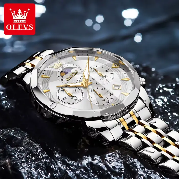OLEVS montre homme classique Chrono Phase de lune montres à Quartz multifonctions pour hommes miroir romain bracelet en