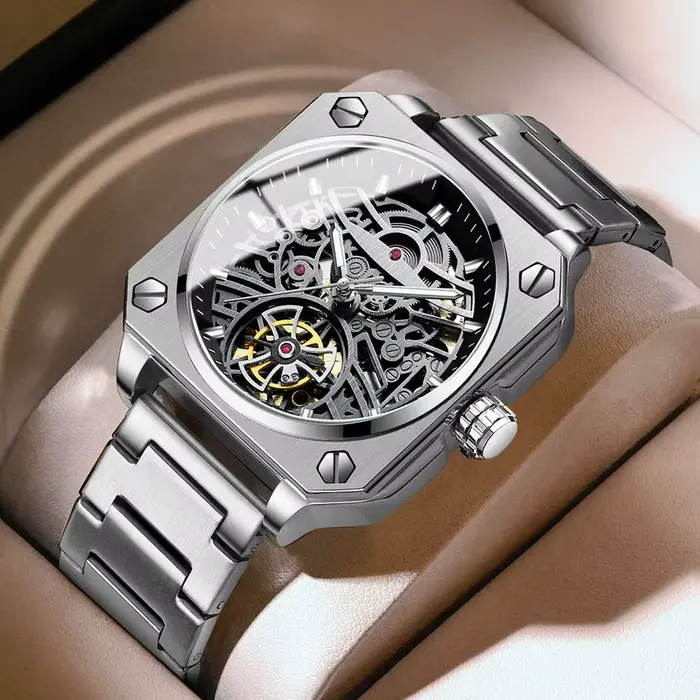 Montre mécanique squelette BLUO en acier inoxydable pour homme, résistante à l'eau et lumineuse, idéale pour les affaires et les soirées élégantes