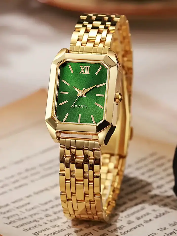Montre carrée verte avec bracelet, collier et boucles d'oreilles pour femme occasions spéciales et quotidien