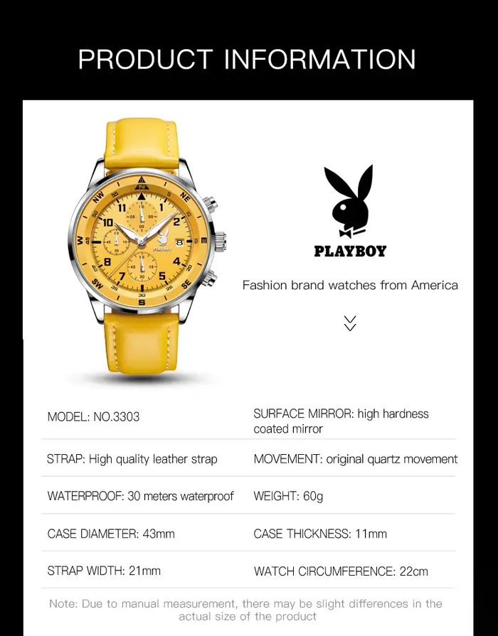 Montre PLAYBOY à Quartz Luxe Homme Bracelet Cuir Décontracté Chronographe Sport Occasions Spéciales