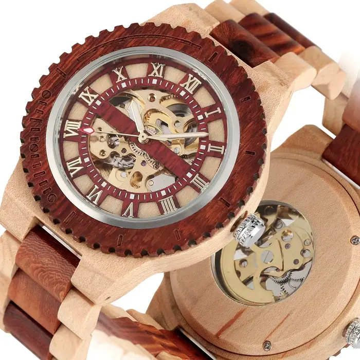 Montre en bois pour hommes, automatique, Unique, mécanique, bracelet en bois, horloge squelette, cre