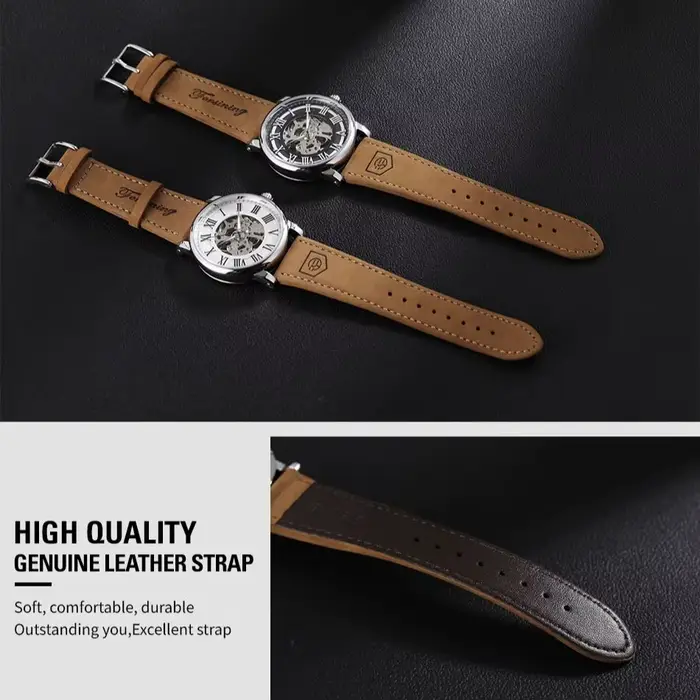 Montre Mécanique Manuelle Squelette Hommes Cuir Marron Élégante Pour Occasions Spéciales