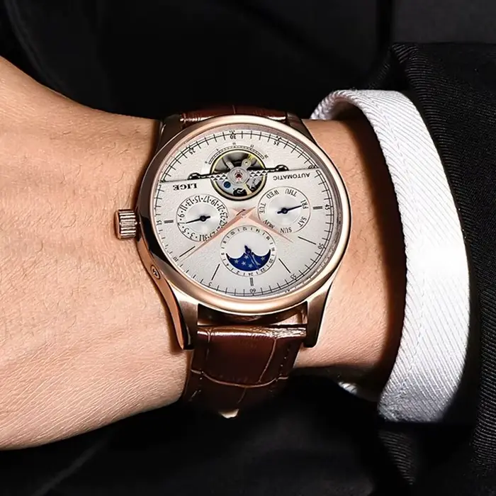 LIGE hommes montres automatique montre mécanique Tourbillon horloge en cuir véritable