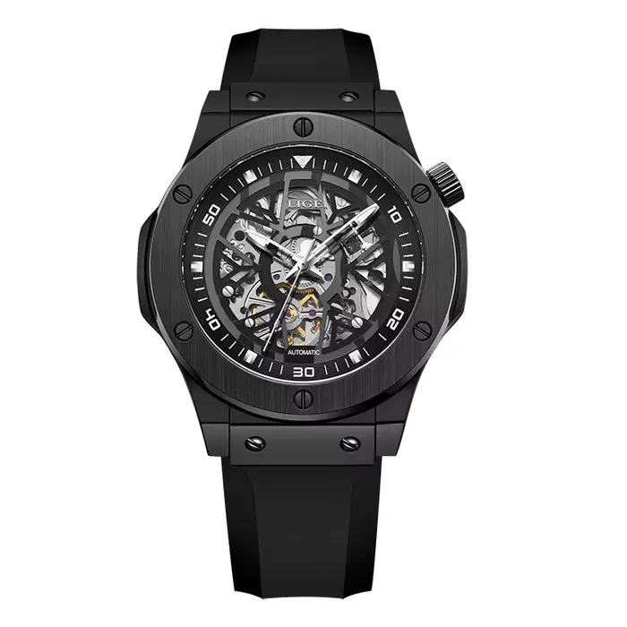 LIGE – montre automatique pour hommes, Design ajouré, luxe, bracelet en caoutchouc et acier inoxydab