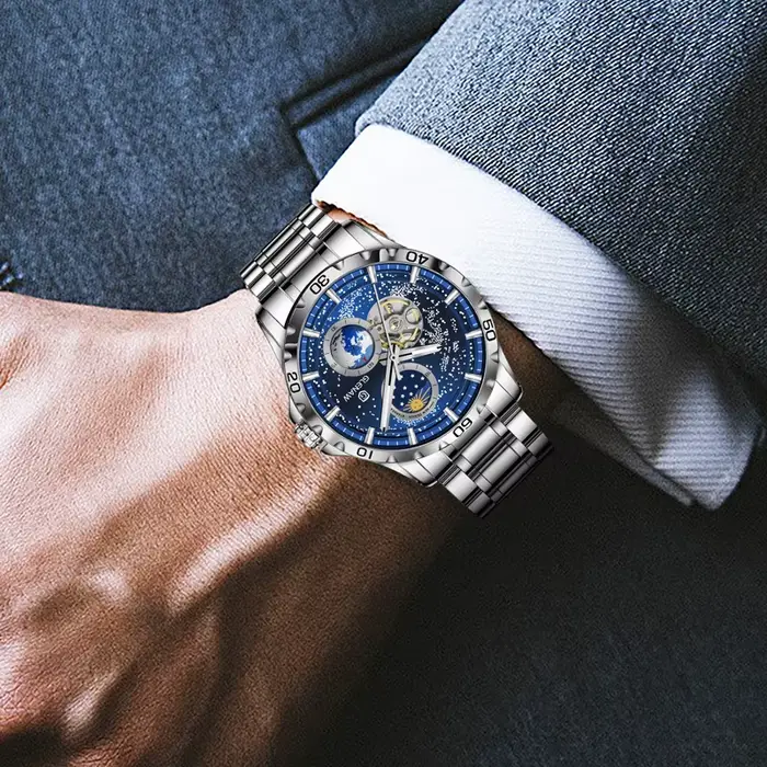 GLENAW rotatif terre Double seconde main mécanique montre-bracelet hommes ciel étoilé bracelet en acier inoxydable montre étanche