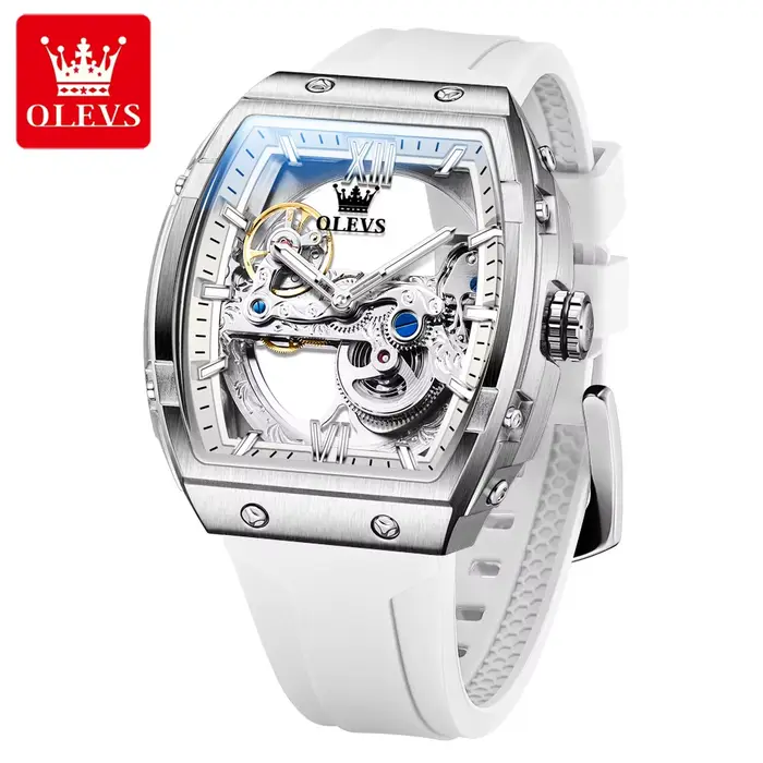  OLEVS automatique hommes montre bracelet en caoutchouc blanc mécanique Tourbillon montres
