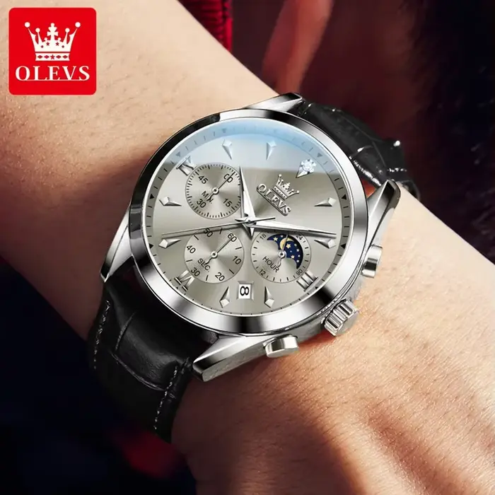 OLEVS 3609 Original Phase de lune chronographe montre pour hommes en cuir étanche lumineux luxe Quartz