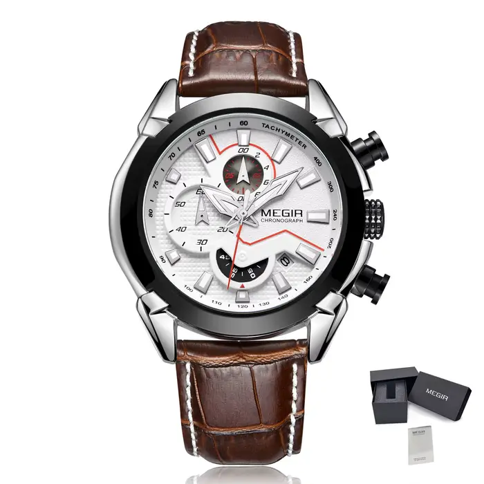 Montre à quartz analogique chronographe pour homme Megir avec date, aiguilles lumineuses, bracelet e