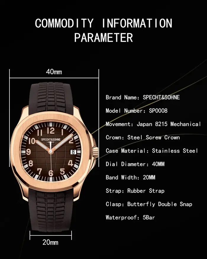Specht & Sohne marque montres mécaniques automatiques montres de sport saphir vert lumineux 50M étan