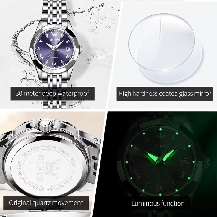 Montre élégante pour femmes en acier inoxydable avec mouvement Quartz, résistance à l'eau, design lumineux et personnalisation de couleur