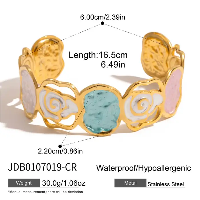 Zora doux et romantique 18K couleur or plaqué Roses colorées marteau creux à motifs Bracelet ouvert 