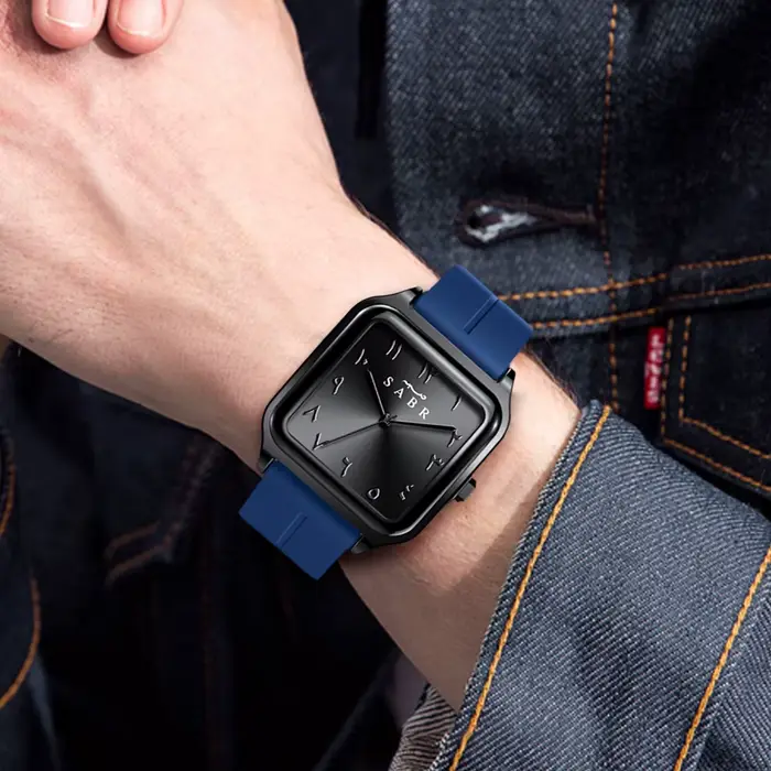Sabr montre à chiffres arabes 3ATM boîtier en alliage étanche montre-bracelet à Quartz pour hommes bracelet en Silicone