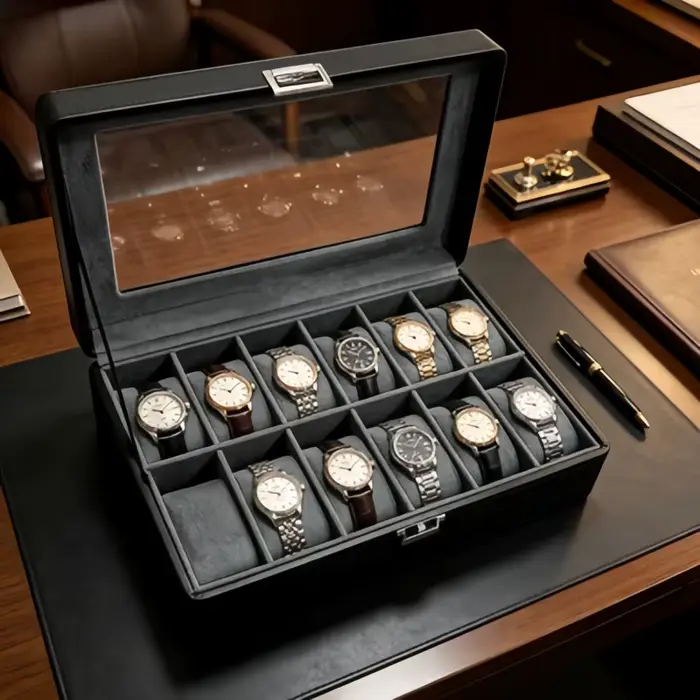 Boîte à montres en simili cuir de luxe à 12 emplacements avec serrure ensemble de 4 présentoirs à montres haut de gamme coffret à bijoux pour bracelets pour hommes occasions spéciales cadeau anniversaire fête des pères collectionneurs montres