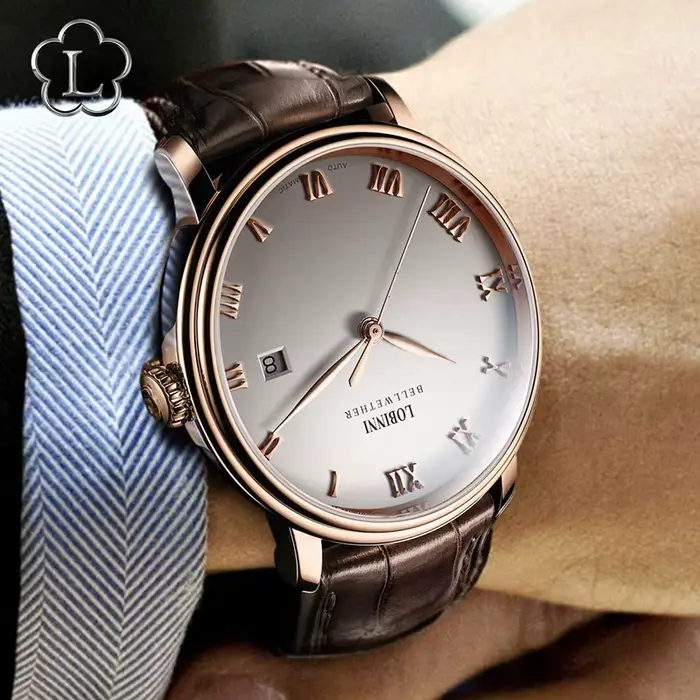 Montre-bracelet LOBINNI12033 automatique en acier inoxydable avec bracelet en cuir pour homme résistante à l'eau et avec calendrier complet pour différentes occasions