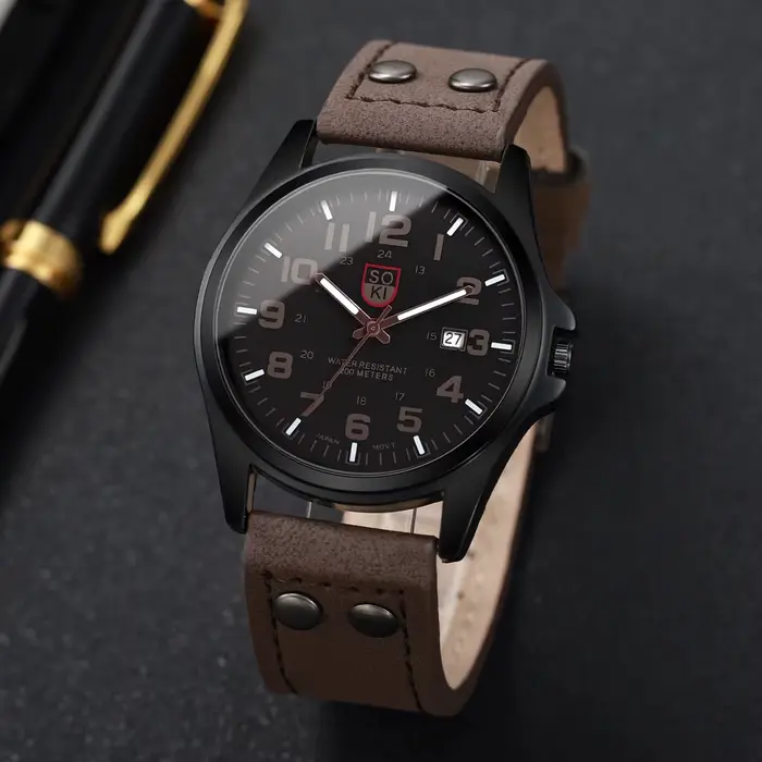 Mode cadran arabe hommes montre à Quartz bracelet en cuir décontracté