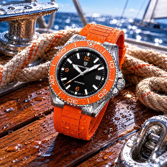 Montre Pagani Design de plongée orange automatique avec mouvement mécanique japonais pour hommes occassions sportives et plongées