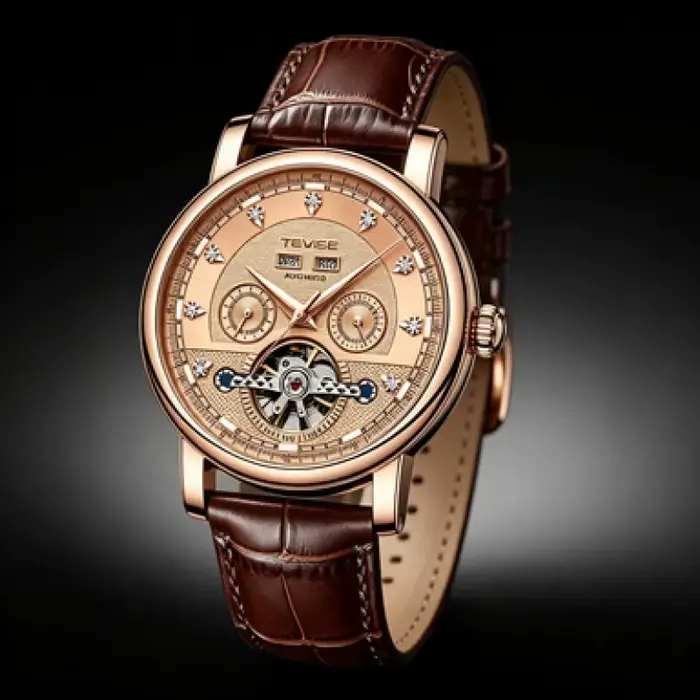 Montre mécanique automatique avec calendrier lumineux pour hommes, idéale pour voyages d'affaires, occasions décontractées, cadeau anniversaire, bracelet en cuir, mouvement automatique, résistance à l'eau 3 bars