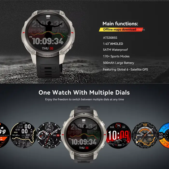 Nouvelle Montre Connectée Vwar T-Rex4 avec GPS, Suivi Fitness et 170 Modes Sportifs pour Hommes Occasions Spéciales