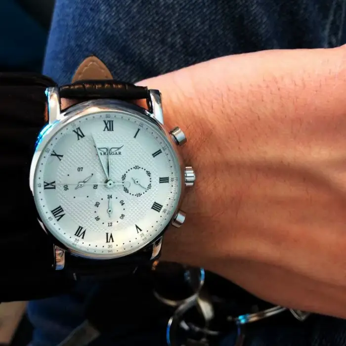JARAGAR 1166 montre mécanique automatique pour hommes Six aiguilles chiffres romains cadran bracelet en cuir véritable semaine Date montres d'affaires