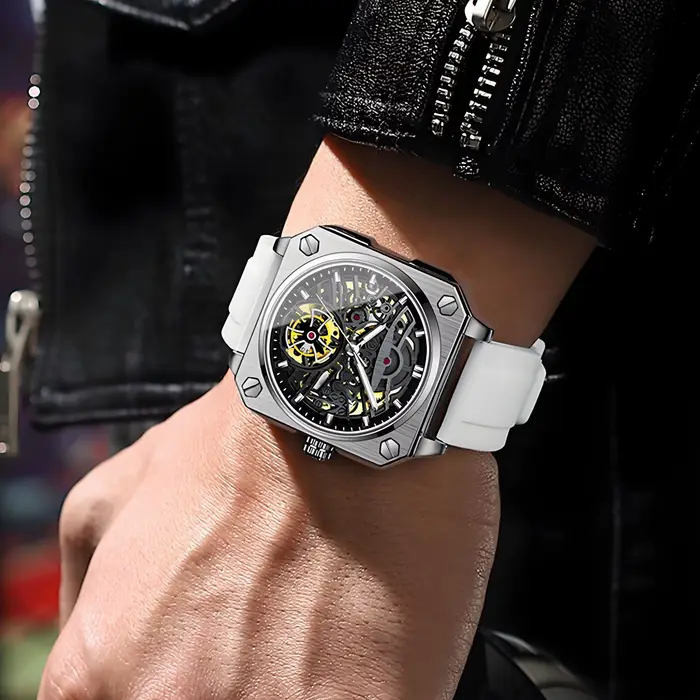 Montre mécanique squelette BLUO en acier inoxydable pour homme, résistante à l'eau et lumineuse, idéale pour les affaires et les soirées élégantes