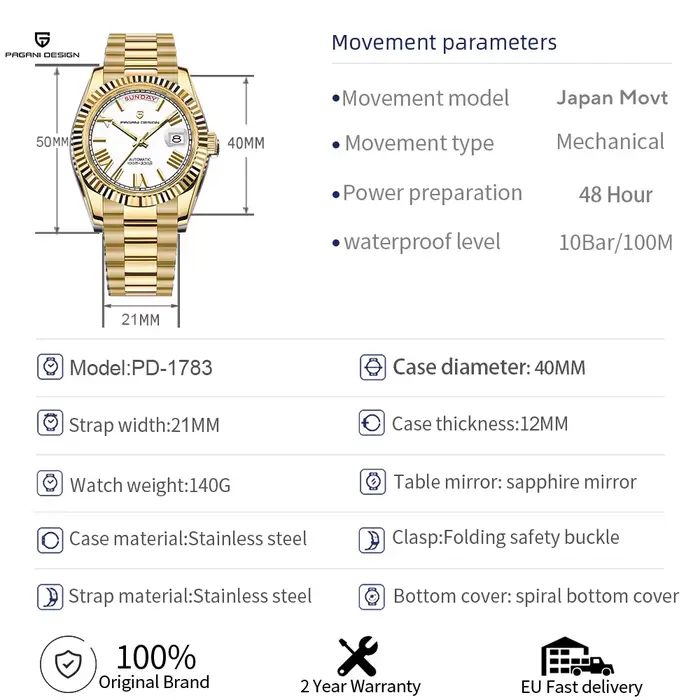 Montre PAGANI DESIGN DD40 Or Blanc Automatique avec Calendrier Complet et Affichage de la Semaine Pour Hommes Occasions Spéciales