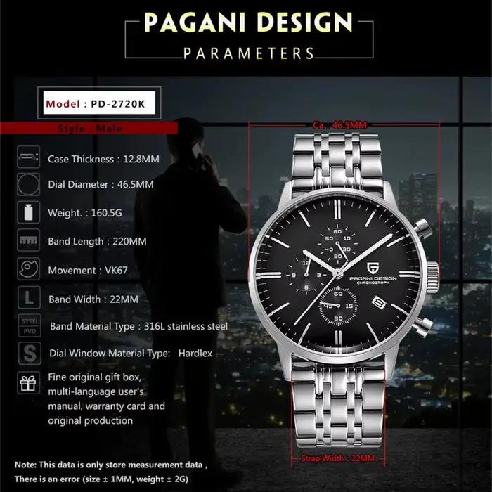 Pagani Design montre chronographe homme japon VK67 Movt étanche multifonctionnel affaires sport