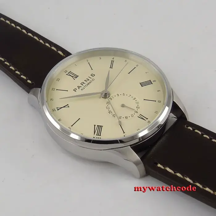 42mm Parnis 0ff-cadran blanc 24 heures fonction GMT ST 1690 mouvement automatique montre pour hommes Relogio Masculino verre arrière