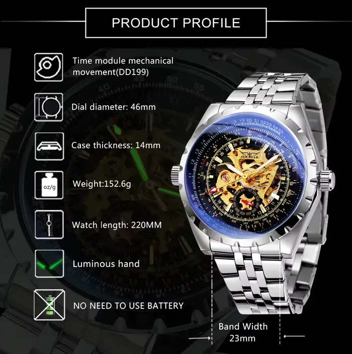 JARAGAR – montre mécanique squelette de sport pour hommes