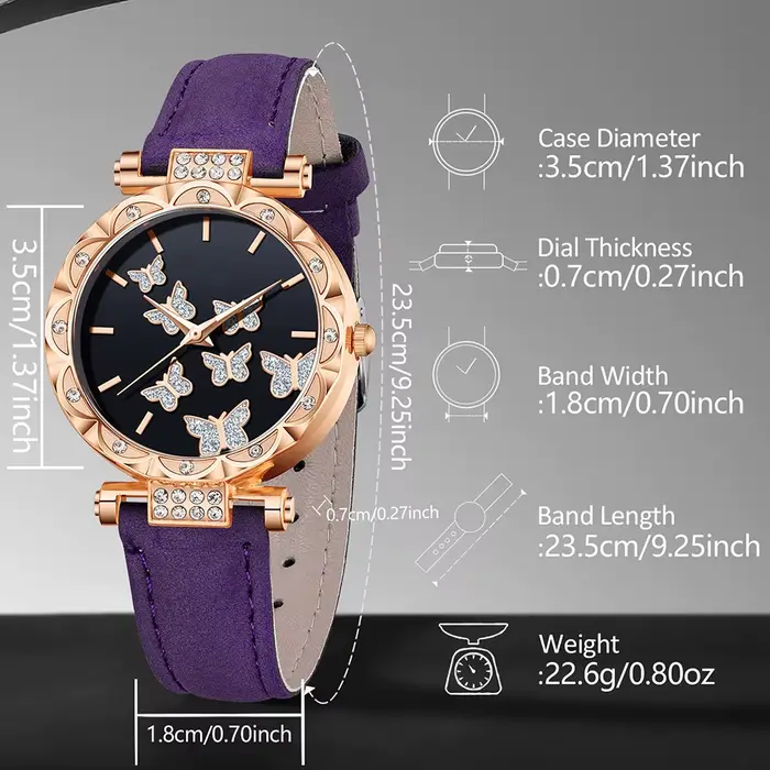 Ensemble de montres pour femmes en or rose avec bracelet en cuir violet