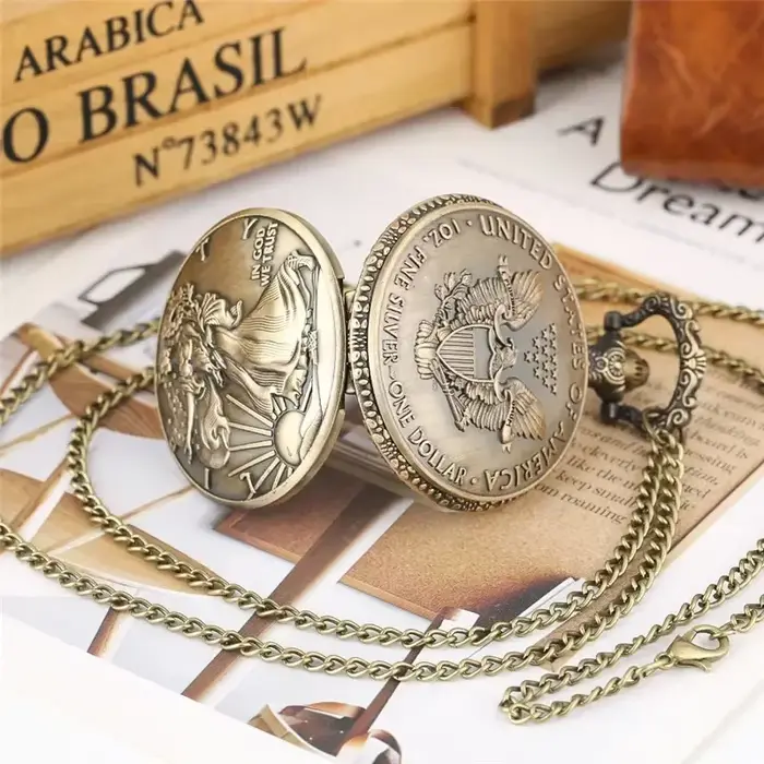 Montre de poche analogique vintage en quartz pur de 1 oz avec pièce commémorative Statue de la Liberté pour hommes et