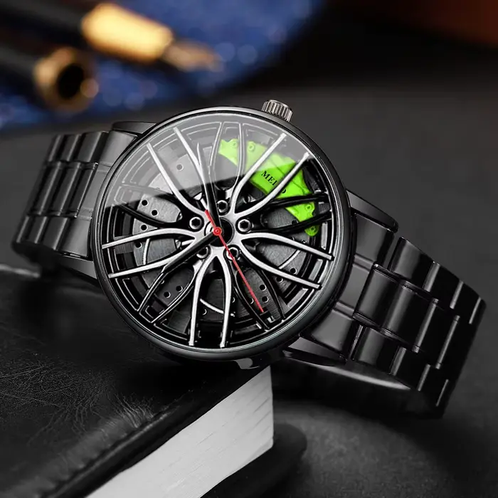 Mode hommes montres de sport 3d roue de voiture bracelet en acier inoxydable montre-bracelet