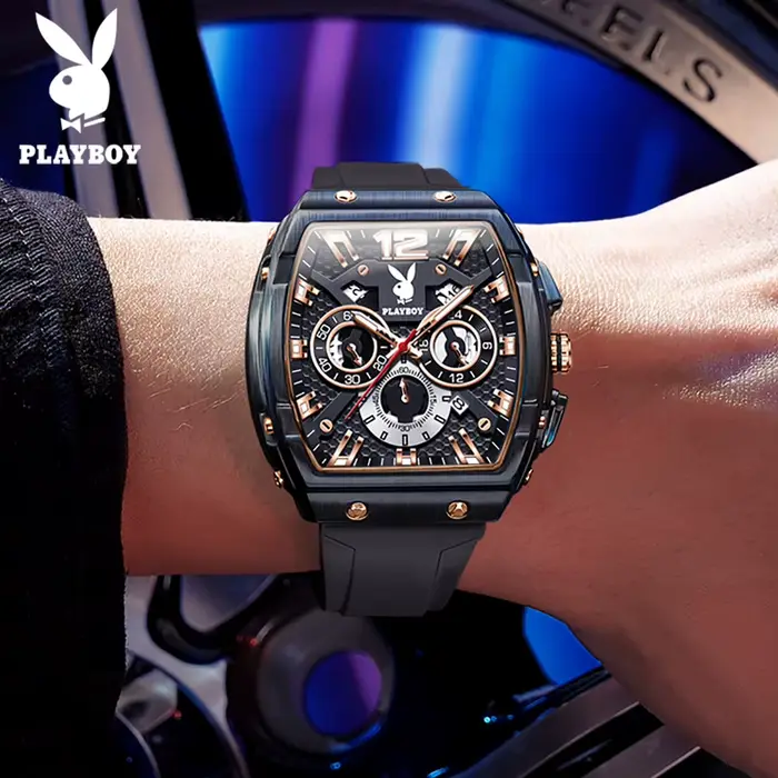 Montre PLAYBOY 3075 en alliage avec bracelet en silicone pour hommes, style mode et décontracté, résistance à l'eau 3 bars, idéale pour les occasions spéciales et cadeaux d'anniversaire
