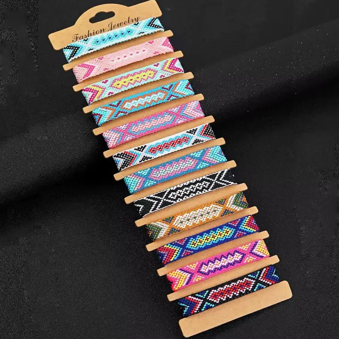 Bracelets d'amitié tissés bohême népal, 12 pièces, chaîne réglable, avec fermeture à nœud coulissant