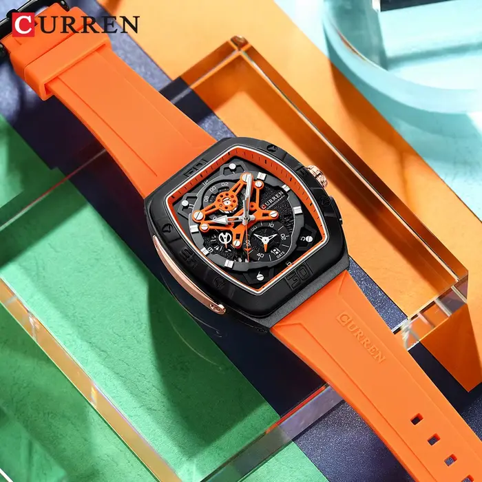 Montre Curren Unique Tonneau Stylish avec Cadran Grand et Bracelet en Silicone Pour Femmes Occasions Spéciales