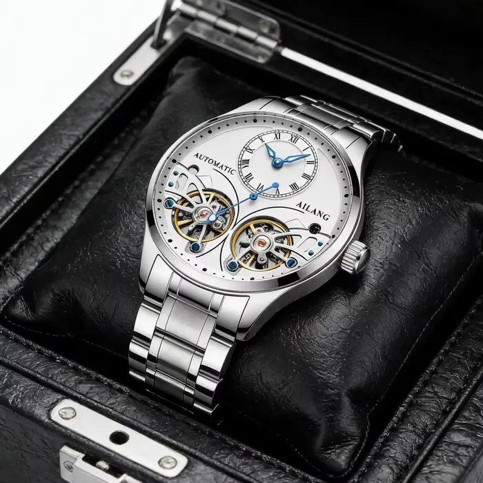 Nouvelle montre mécanique squelette automatique haut de gamme à double tourbillon en acier inoxydable résistante à l'eau pour homme, occassions spéciales et tous les jours