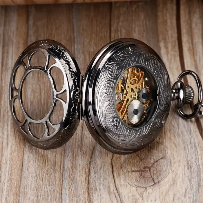 Montre de poche mécanique creuse or Rose/noir avec fleur de citrouille