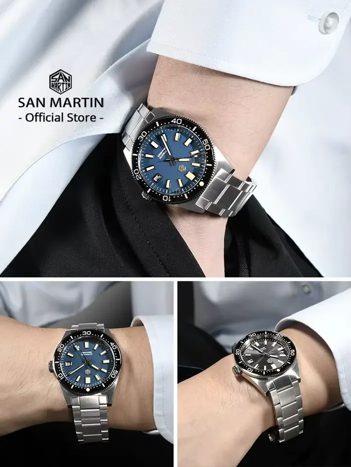 Montre de Plongée San Martin SN0007 avec Cadran Emaillé, Bracelet Acier Inoxydable et Étanche jusqu'à 200m Occasions Spéciales