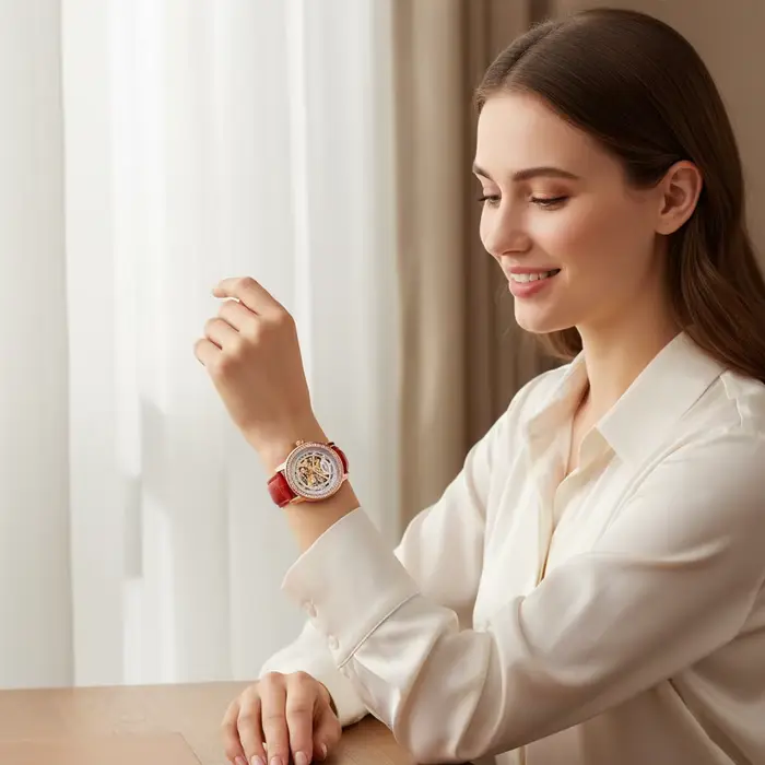Montre automatique en cuir pour femmes